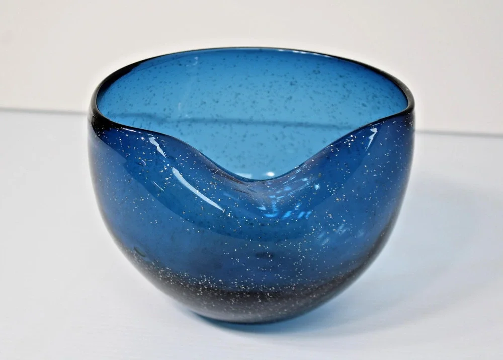 Vintage 60s Mod Blue Glass Vessel with Glitter Flake, Folded Rim Bowl- Gorgeous!